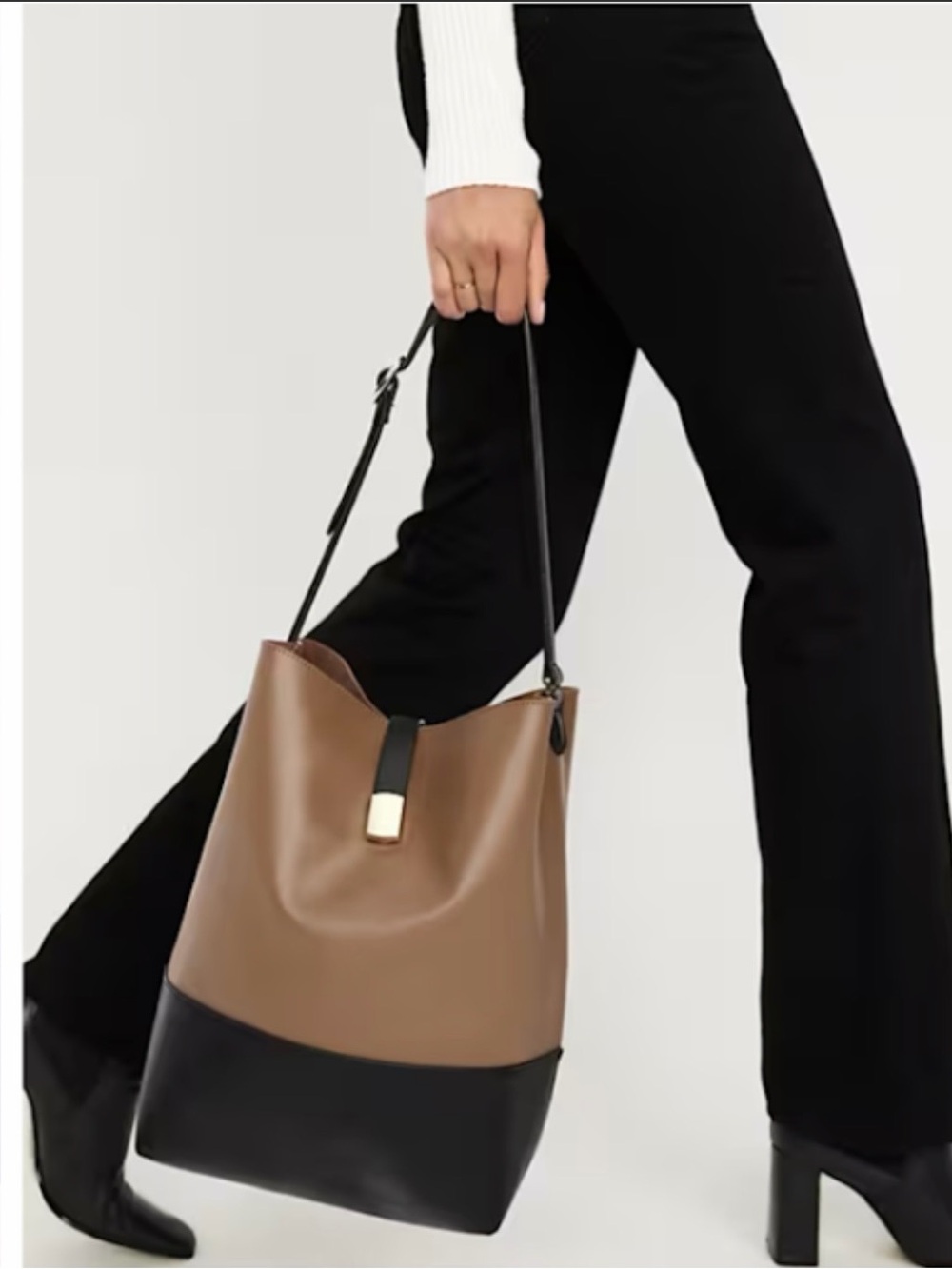 Old Navy Two-Tone Brown and Black Leather Shoulder Tote - Picture 2 of 10